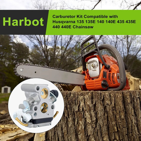 Go To Carburetor Tune Up Kit For Husqvarna Chainsaws 435 440 435E 440E 135 135E 140 140E with chainsaw and carburetor visible