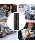 On The Go Electric Travel Mug With Fast Heating Element And Built In Magnetic Stirrer To Keep Your Daily Espresso Or Smooth Matcha Straight Up Hot All Day in a cozy winter car setting.
