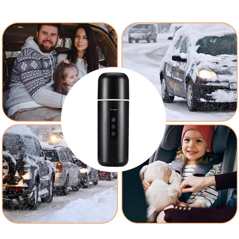 On The Go Electric Travel Mug With Fast Heating Element And Built In Magnetic Stirrer To Keep Your Daily Espresso Or Smooth Matcha Straight Up Hot All Day in a cozy winter car setting.