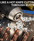 Close-up of Six Piece M35 Cobalt Stubby Drill Bit Set For Metal With Hex Shank in use on metal surface creating shavings