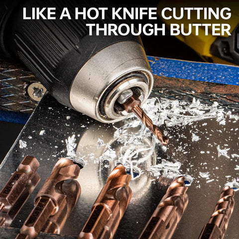 Close-up of Six Piece M35 Cobalt Stubby Drill Bit Set For Metal With Hex Shank in use on metal surface creating shavings