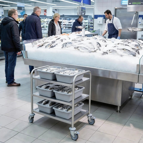 Gray Six Pack Plastic Bus Tubs 8L Capacity For Restaurant And Food Service Use on rolling cart in seafood market