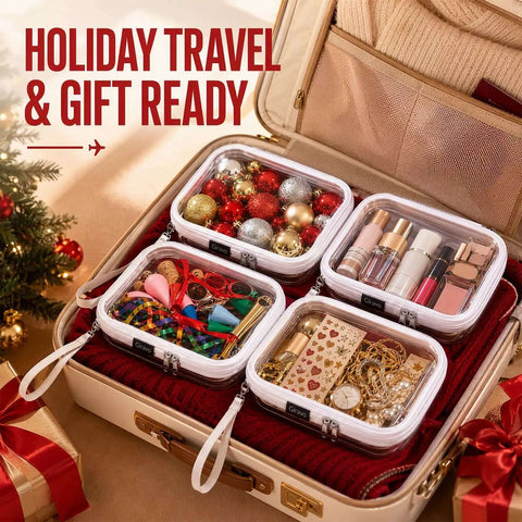 Clear Hard Shell Zipper Cases 4 Pack On The Go Travel Organizer With Wrist Strap White Hella Durable Cosmetic Pouch And Toiletry Bag A Straight Up Lifesaver For Makeup Skincare Cable Sorting arranged in a suitcase with holiday items.