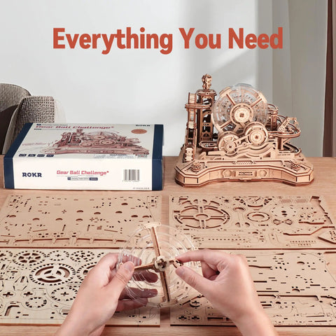 3D Wooden Puzzle And Marble Run Kit For Adults And Teens, Build And Play DIY Gear Ball Challenge With Auto Lift, Ramps And Victory Bell, Retro Gamepad Styled Model Building Toy For Christmas And Birthday Gifts, wooden parts and assembled kit