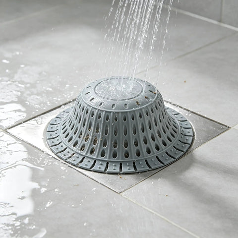 Bathtub Drain Strainer Silicone Bathroom Stopper Fixture in gray, catching hair while water flows during a shower.