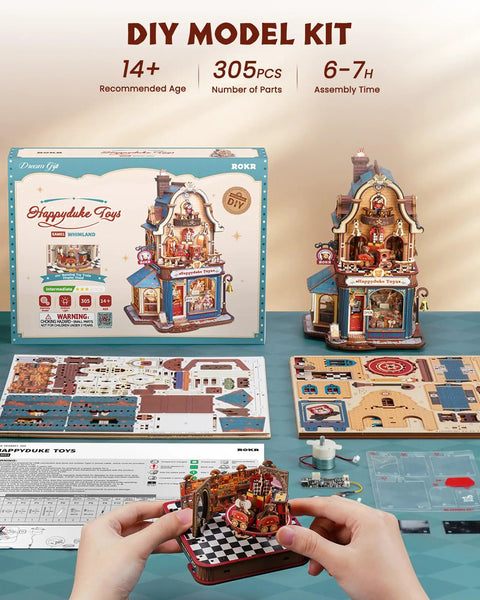 Hands-On DIY Miniature House Kit With Moving Scenes Music Box And LED Light, 3D Wooden Puzzles For Book Nook Tiny Home Decor, Kinetic Model Building Kit Type C Powered, Gift For Adults And Craft Lovers 305-piece wooden model