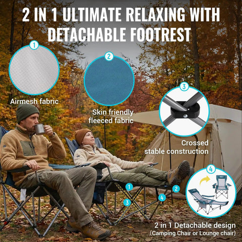Camp setting with two adults relaxing in 2 In 1 Reclining Camping Chair With Footrest And Adjustable Backrest Four Positions