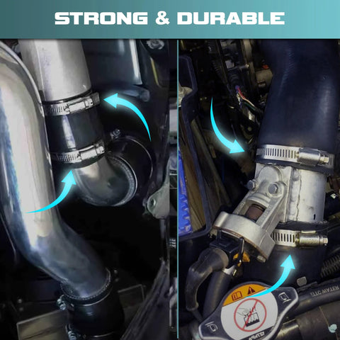 cut-to-fit stainless steel hose clamps securing automotive pipes