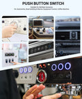 Collage showcasing Two Pack 16mm Latching Push Button Switch 12V DC in various automotive and industrial panel applications.