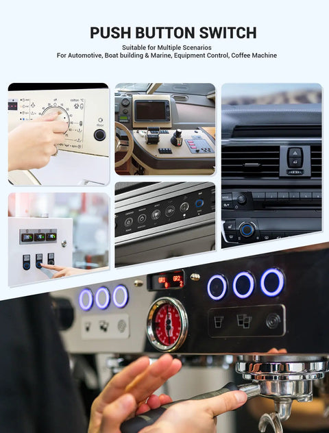 Collage showcasing Two Pack 16mm Latching Push Button Switch 12V DC in various automotive and industrial panel applications.