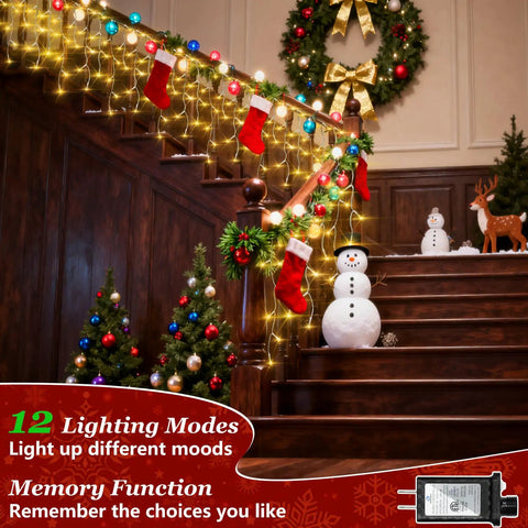 1620 LED 164ft Outdoor Christmas Lights Diamond Inspired Faceted Curtain String Lights With 360 Drops on stair railing