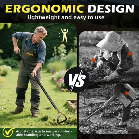 Stirrup Hoe Garden Tool With Adjustable 30 To 54 Inch Handle in use by gardener for ergonomic weeding in raised beds and flower beds