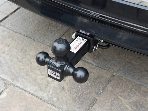 Tri Ball Hitch Mount For 2 Inch Receivers With 1-7/8 Inch, 2 Inch, And 2-5/16 Inch Black Tow Balls installed on vehicle
