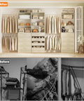 Before and after comparison of Heavy Duty Wooden Closet System With Twelve Drawers Four Hanging Rods And Two Tall Towers storage.