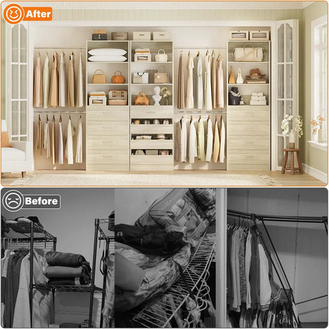 Before and after comparison of Heavy Duty Wooden Closet System With Twelve Drawers Four Hanging Rods And Two Tall Towers storage.