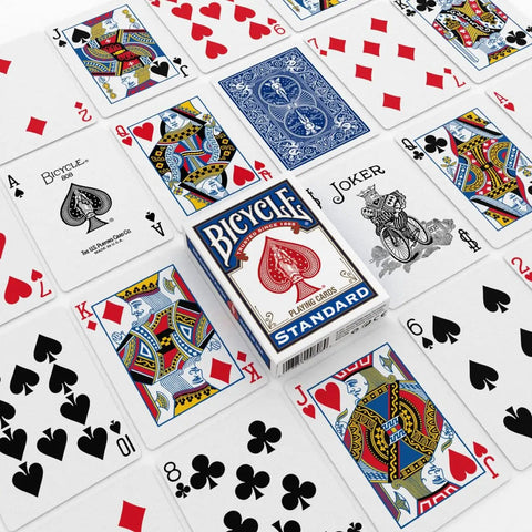 Standard Two Pack Playing Cards In Red And Blue Optimized For Tight Fan And Buttery Smooth Shuffle Heavy Duty Stock Built Like A Tank For Relaxed Handling During Cash Games And Tabletop Hangouts laid out on a surface