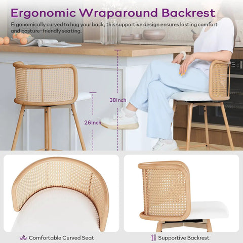Set Of 4 Swivel Rattan Bar Stools, 26 Inch Counter Height With Natural Woven Back And White Faux Leather Seats in kitchen