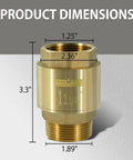 Top Shelf Heavy Duty One Point Two Five Inch Brass Check Valve dimensions showing size for submersible well pumps irrigation systems.
