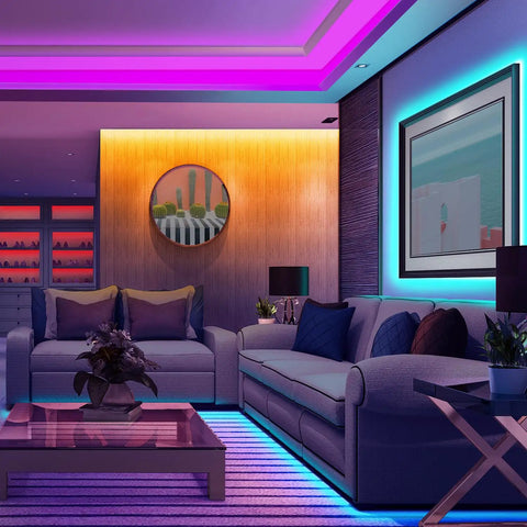 Living room setting with Two Rolls 130 Ft LED Strip Lights for Bedroom Color Changing Lights, highlighting furniture and decor.