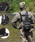 Fisherman wearing Go Light Fly Fishing Sling Pack That Keeps Gear Dry Waterproof Tackle Bag With Ten Point Nine Inch Tablet Compartment