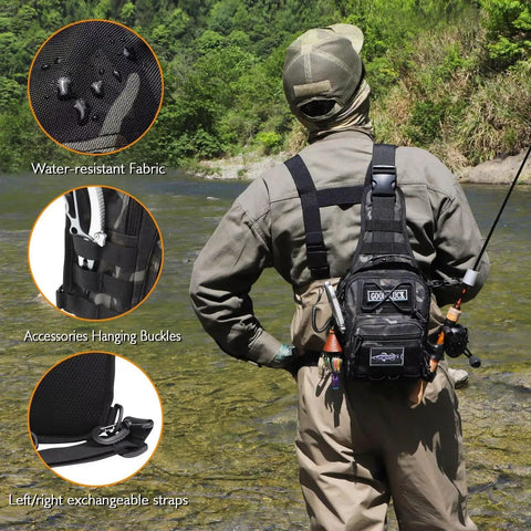 Fisherman wearing Go Light Fly Fishing Sling Pack That Keeps Gear Dry Waterproof Tackle Bag With Ten Point Nine Inch Tablet Compartment