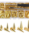 Top Shelf 70 Piece Gold Screwback Spike Studs Set Zinc Alloy Assorted Shapes for Leather Work displayed in a storage case.