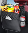 Two Pack Backseat Car Organizer With Cup Holders, Waterproof PU Leather Universal Hanging Car Seat Back Organizer filled with snacks and drinks