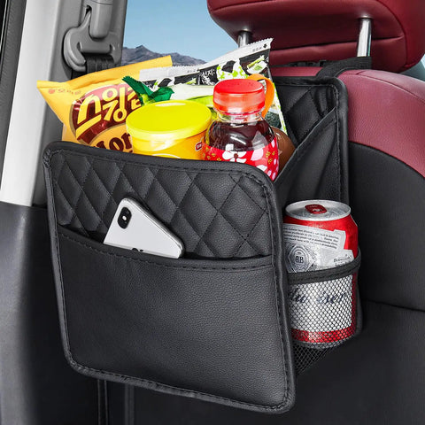 Two Pack Backseat Car Organizer With Cup Holders, Waterproof PU Leather Universal Hanging Car Seat Back Organizer filled with snacks and drinks