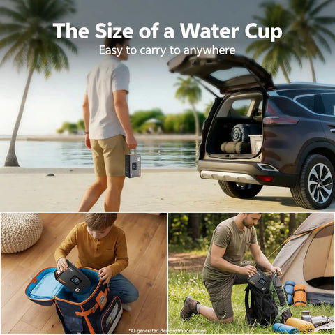 Slick Portable Power Station Delivering 135W Steady And 270W Peak Surge, size of a water cup, ideal for easy transport during adventures.