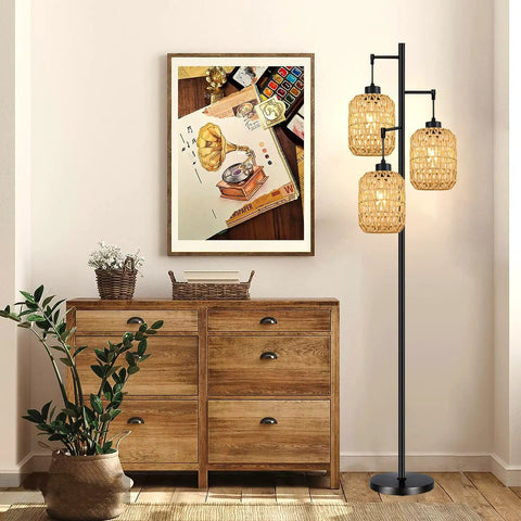 Boho Rattan Tree Floor Lamp with Three Edison Bulbs, in black standing farmhouse style with woven bamboo lampshade, in living room setting.