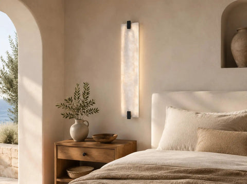 22" Natural Square Alabaster Marble Modern Bathroom Black Wall Sconce mounted next to bed with cozy linens.