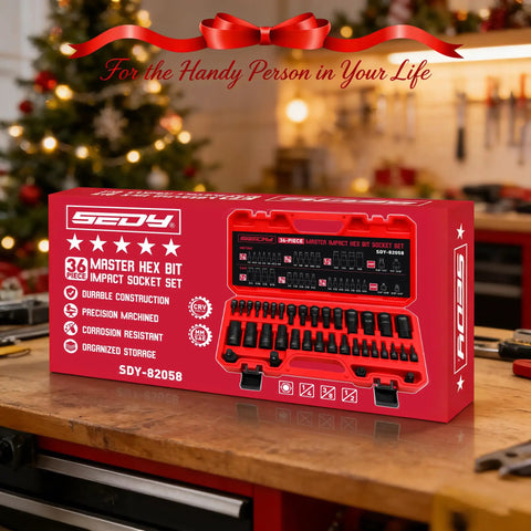 Impact Socket Set With 36 Piece Hex Bit Kit in red packaging with SAE and Metric sockets displayed on a wooden workbench.