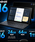 Android 16 Tablet 10.1 Inch 2 In 1 Bundle with keyboard, wireless mouse, stylus, leather case, dual cameras, 24GB RAM, 64GB ROM