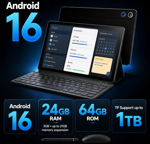 Android 16 Tablet 10.1 Inch 2 In 1 Bundle with keyboard, wireless mouse, stylus, leather case, dual cameras, 24GB RAM, 64GB ROM