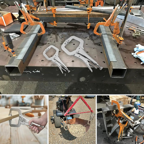 4 Pack 11 and 6 Inch C Clamp Locking Pliers with Swivel Pads in workshop, for woodworking and home improvement, heavy duty.