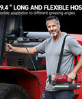 Man using 39.4-inch hose of 2 In 1 Cordless Electric Grease Gun Kit With 12,000 Psi, Dual Mode Pistol Or Straight, Two 4000mAh Batteries.
