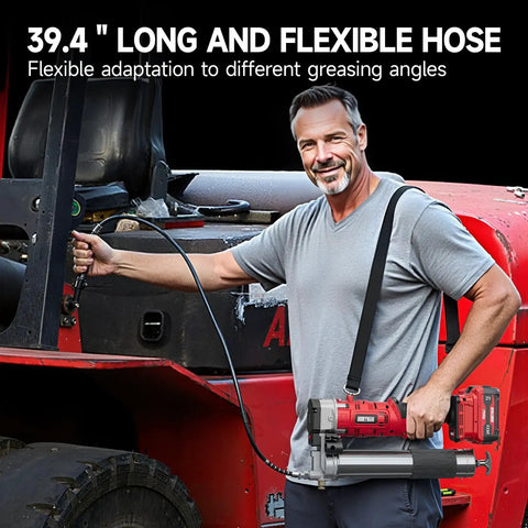 Man using 39.4-inch hose of 2 In 1 Cordless Electric Grease Gun Kit With 12,000 Psi, Dual Mode Pistol Or Straight, Two 4000mAh Batteries.