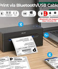 Wireless Bluetooth Thermal Label Printer Covers 4X6 Shipping Labels On The Fly with smartphone and laptop setup.