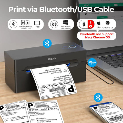 Wireless Bluetooth Thermal Label Printer Covers 4X6 Shipping Labels On The Fly with smartphone and laptop setup.