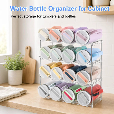 Cabinet Water Bottle Organizer With Large Compartments, Stackable Tumbler Holder For 40oz Jugs on countertop, 2-pack view