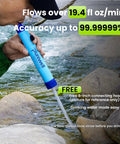 Person using Outdoor Personal Water Filtration Straw For Camping And Hiking near a stream, showing product in action, 8 piece set.
