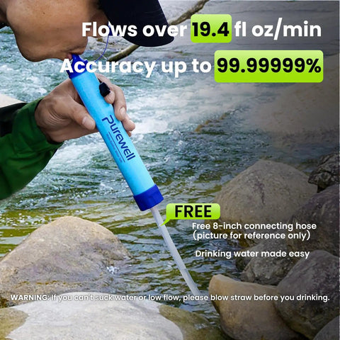 Person using Outdoor Personal Water Filtration Straw For Camping And Hiking near a stream, showing product in action, 8 piece set.