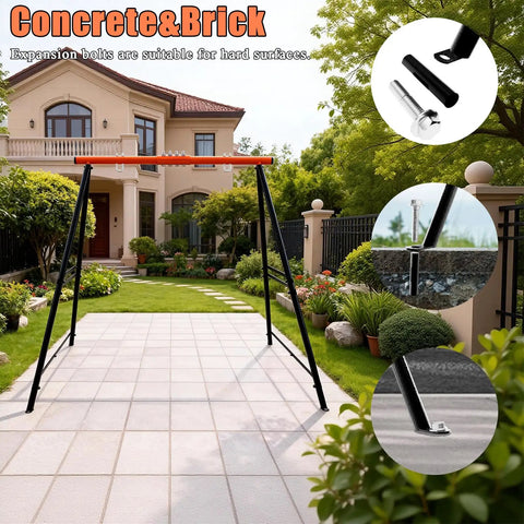 A-Frame Swing Stand For Hammock Chair, Heavy Duty Steel Frame Supports Up To 440 Lbs, set up in a backyard patio area