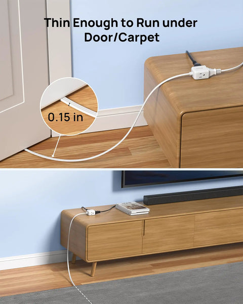 Rightward Flat Plug Extension Cord 10ft In White With Cube Design And Three Grounded Outlets On Different Sides So You Can Plug In Multiple Devices Without Blocking Neighbors 125V 13A 1625W Max Ideal For Small Spaces, 0.15 in flat cord under door