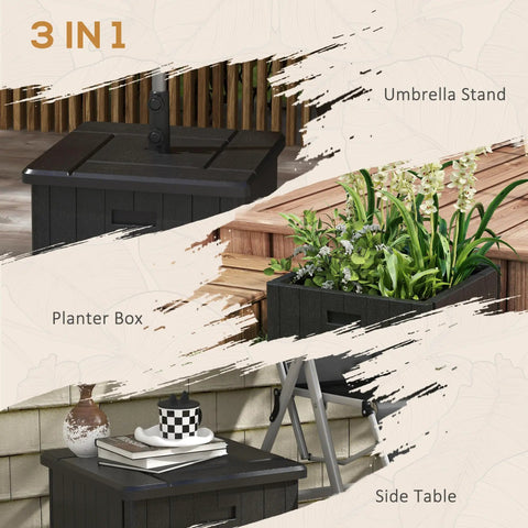Three In One Outdoor Umbrella Base, Coffee End Table, And Planter Box With Drain Hole, Heavy Duty Fillable Patio Stand with compartments