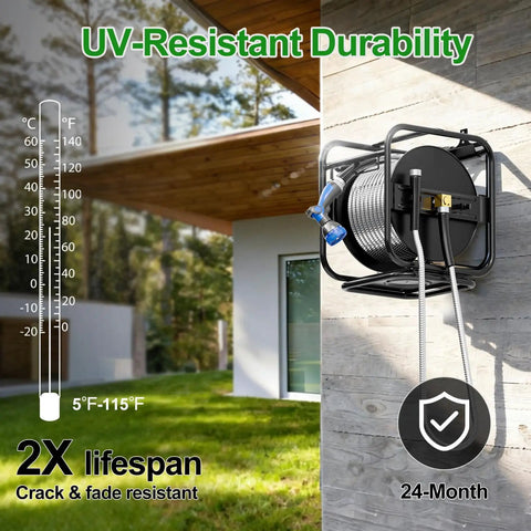 Upgraded Metal Garden Hose Reel With 100 Ft Main Hose And 6.2 Ft Guide Hose Heavy Duty Anti UV Wall Mount Outdoor Install