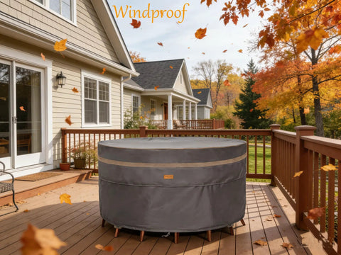 Heavy Duty Round Patio Table And Chair Cover 84 Inch Diameter 28 Inch High Waterproof UV Resistant Dark Grey Fits 84 Inch Tables Or 47 Inch Tables With Chairs Outdoor Weatherproof Protection