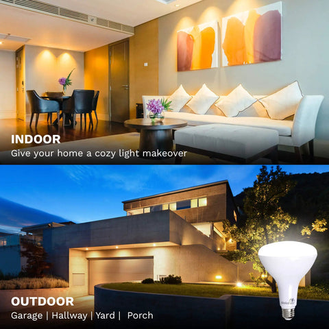 Comparison showing 20 Pack BR40 LED Light Bulbs 1400 Lumen, 5000K Daylight used in both indoor and outdoor settings