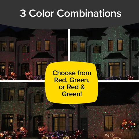 Image showing Ultra 9 Outdoor Laser Light Projector With 9 Enhanced Modes Delivers Thousands Of Green Lights Covering 3200 Square Feet Easy Setup For Fast Holiday Decoration And A Snappy Outdoor Show projecting red and green lights on a house with shrub decorations.
