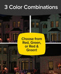 Outdoor Holiday Laser Light Projector Set Of 2 With 9 Enhanced Modes illuminating a house in three color combinations at night.